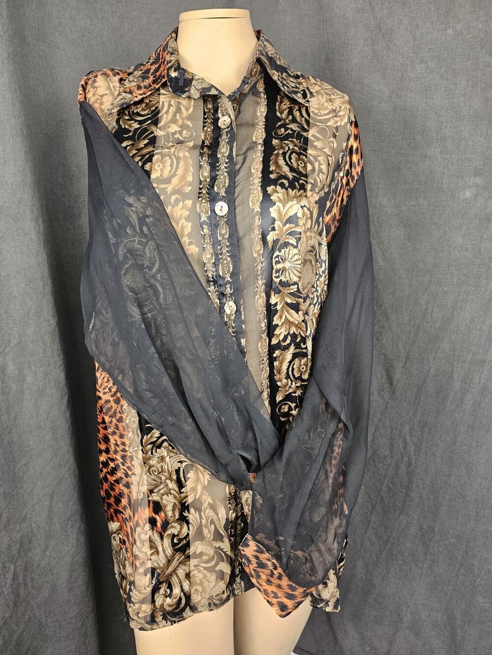 Vintage Mesmerize Sheer Mesh Blouse M Leopard Baroque Patchwork Top Mob Wife 90s